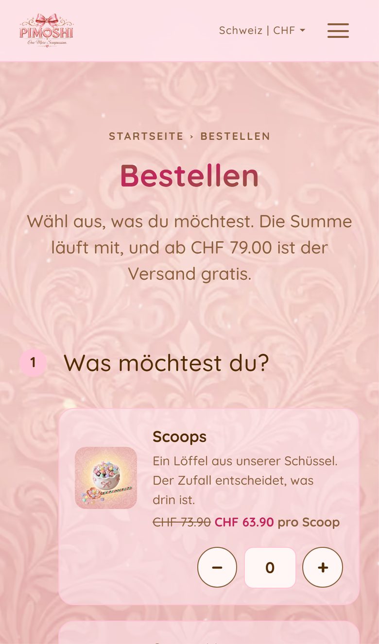 Die Bestellseite von PIMOSHI auf dem Handy