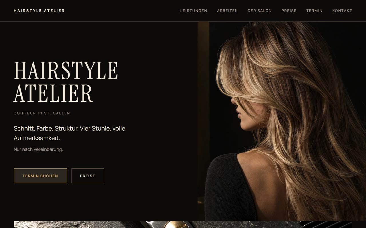 Demo-Website Hairstyle Atelier, ein erfundener Coiffeursalon, als Bildschirmaufnahme