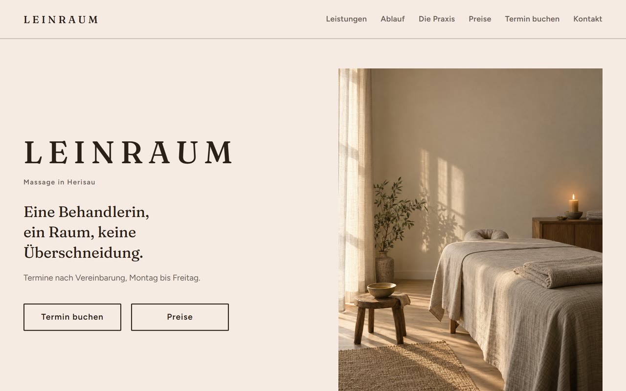 Demo-Website Leinraum, eine erfundene Massagepraxis, als Bildschirmaufnahme