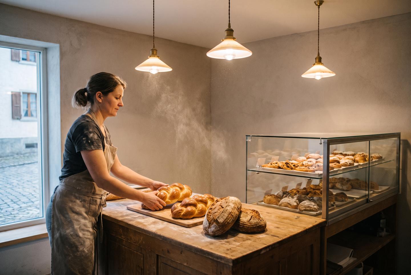 Symbolbild Bäckerei: Bäckerin legt frische Zöpfe auf den Ladentisch, daneben die Vitrine mit Gebäck
