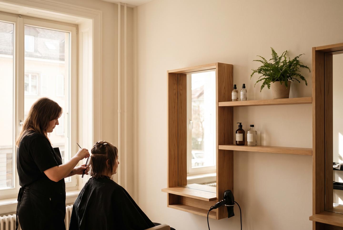 Symbolbild Coiffeursalon: Coiffeuse schneidet einer Kundin am Fenster die Haare, heller Salon mit Holzregal